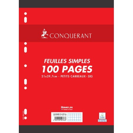 CONQUERANT Feuilles Simples A4 Petits Carreaux 5mm 100 Pages Sous Film Blanches