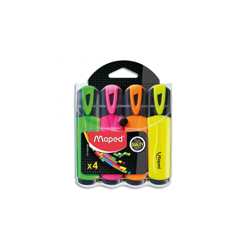 4 surligneurs FLUO'PEPS Classic : Vert, Rose, Jaune, Orange, sous pochette